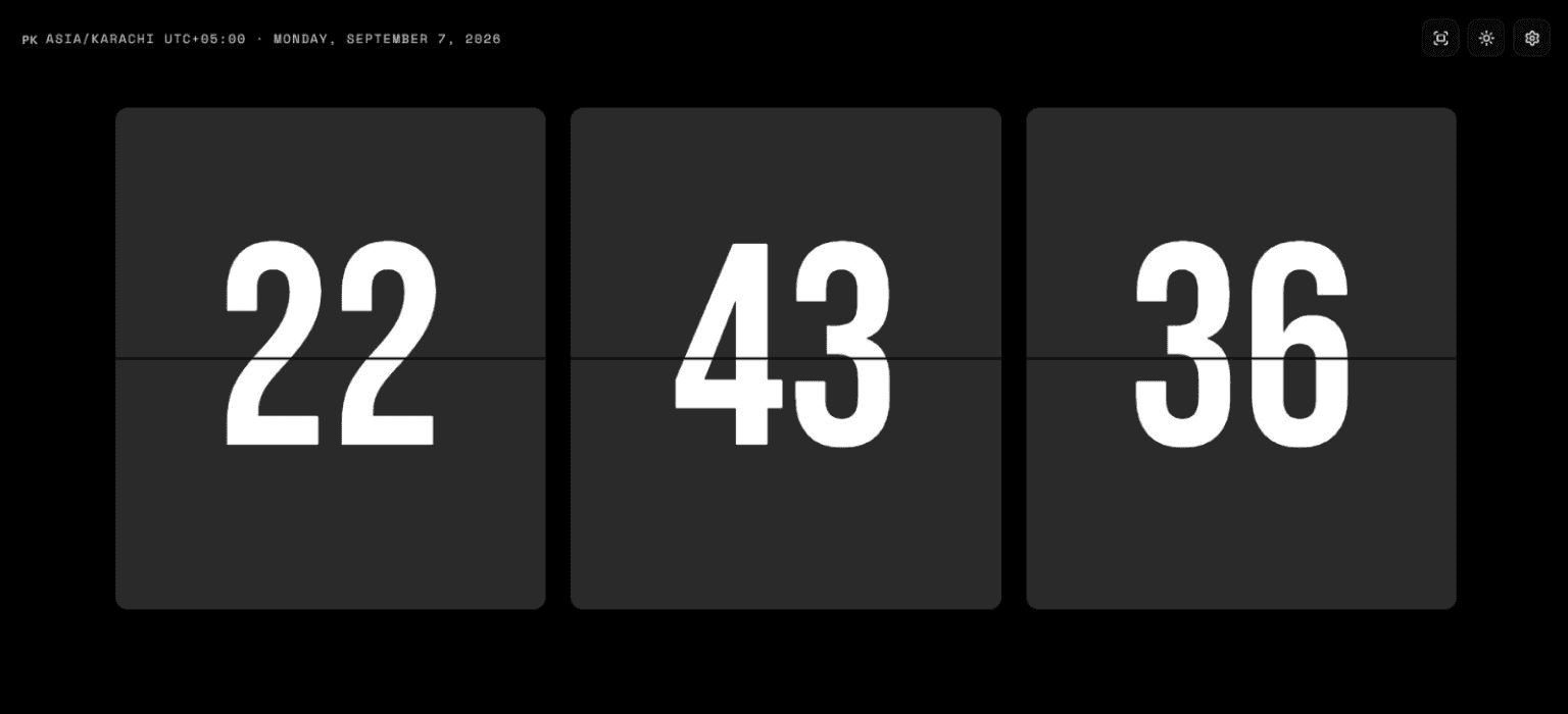 Browser extension showing a three-card flip clock on a dark new-tab page